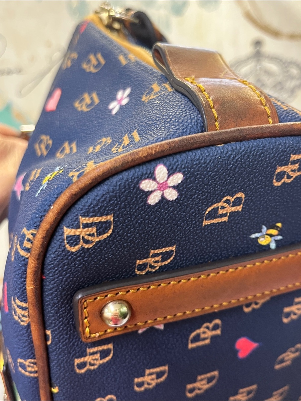 Dooney & Bourke Navy Satchel with Brown Trim and Multicolor Motifs - Picture 5 of 14
